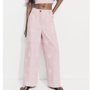 NWT EMBROIDERED LINEN BLEND PANTS Pink Size Medium